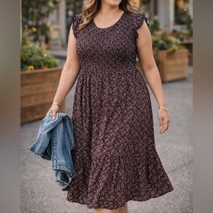 Luxology Floral Midi Dress Large Boho Smocked Waist Lace Sleeves